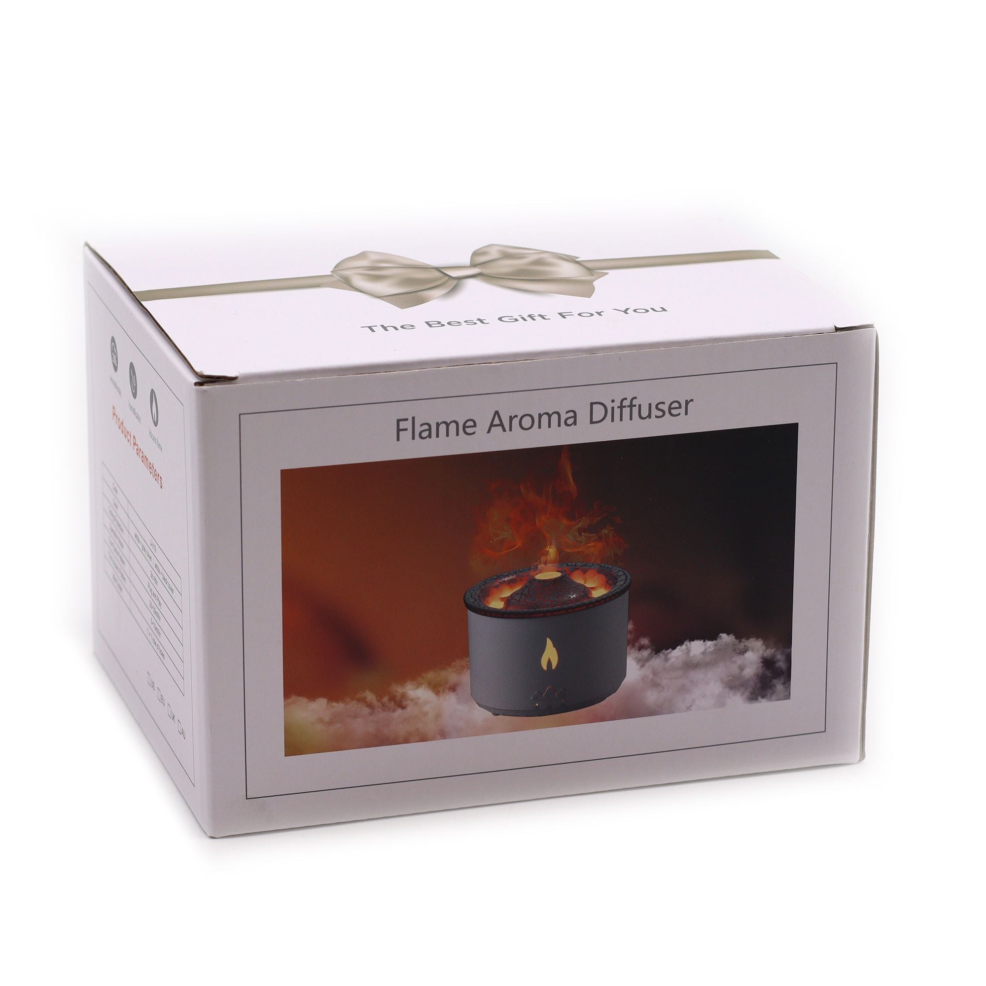 Box packaging of a Flame Aroma Diffuser with an image of the product on a white background